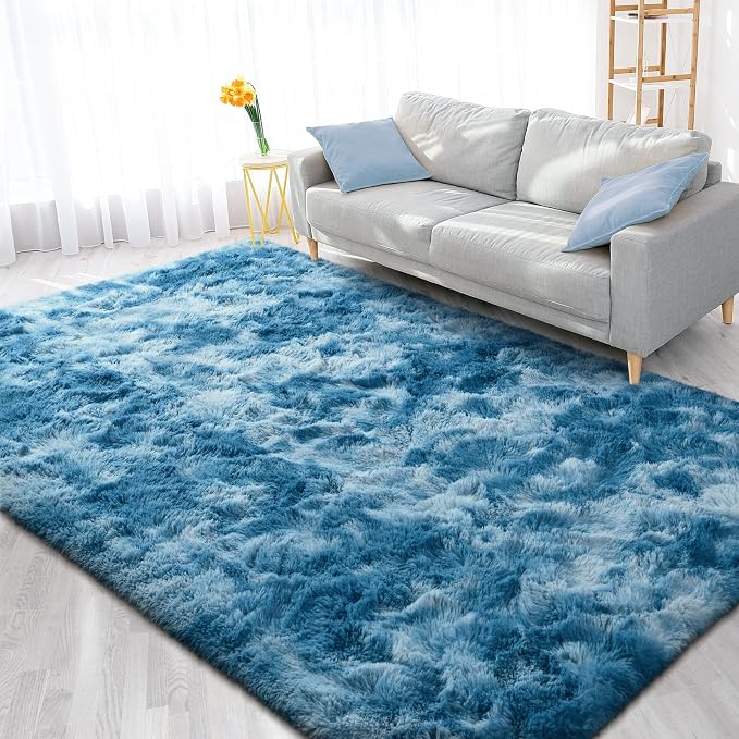 FlyDOIT Large Area Rugs for Living Room, 4x6 Feet Tie-Dyed Dark Blue Shaggy Rug - Image 8