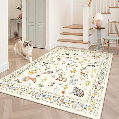 Soalmost Cat 4x6 Area Rugs, Machine Washable Animal Floral Accent Rug Non-Slip by Soalmost