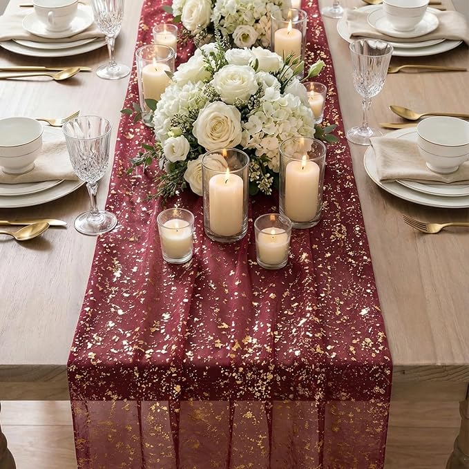 Artoid Mode 6PC Burgundy Gold Gauze Table Runner 120 Inch 10FT, Glitter - Image 4