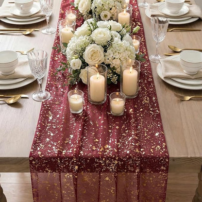 Artoid Mode 6PC Burgundy Gold Gauze Table Runner 120 Inch 10FT, Glitter - Image 4