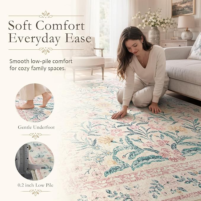 Wonnitar Machine Washable 10x14 Area Rugs, Large Living Room Rug Floral Pink - Image 4