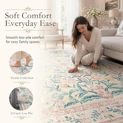 Wonnitar Floral Large Rugs for Living Room, Soft Light Pink Rug Washable 9x12 - Image 4