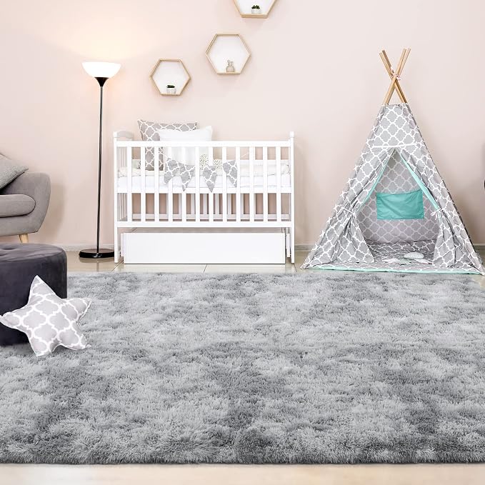 FlyDOIT Large Area Rugs for Living Room, 5x8 Feet Tie-Dyed Light Grey Shaggy - Image 4