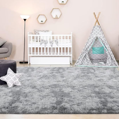 FlyDOIT Large Area Rugs for Living Room, 5x8 Feet Tie-Dyed Light Grey Shaggy - Image 4