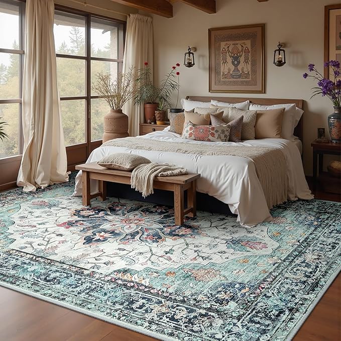RELEANY Area Rugs Large 9'x12' Washable Non-Slip, Floral Vintage Distress - Image 3