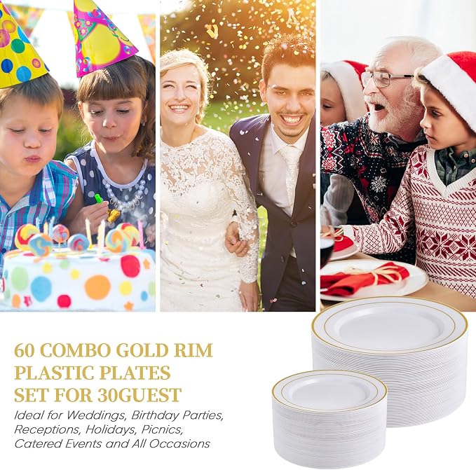 FOCUSLINE Gold Plastic Plates Set of 60, Disposable Plates - Image 6