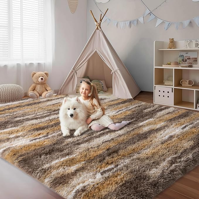 8x10 Shag Rugs for Living Room, Soft Fluffy Abstract Brown Fuzzy Large Area - Image 4