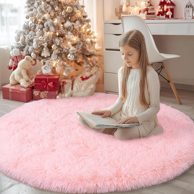 Round Pink Rug for Bedroom, 6 ft Circle Area Rugs for Living Room, Soft Fluffy - Image 3
