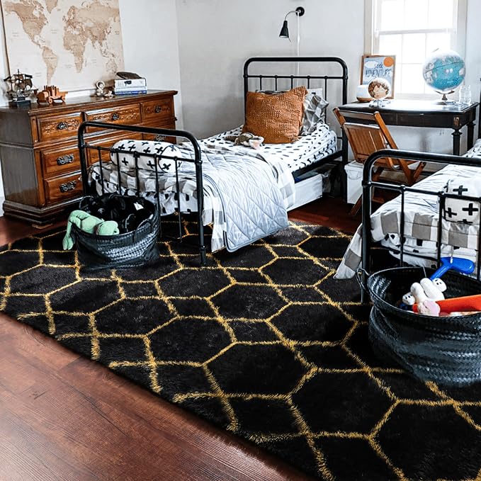 ONASAR 8x10 Area Rugs for Living Room, Fluffy Black and Gold Bedroom Rug - Image 8