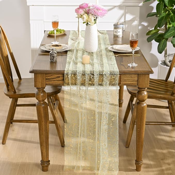 Artoid Mode Sage Green Gold Gauze Table Runner 120 Inch 10FT, Glitter Metallic - Image 2