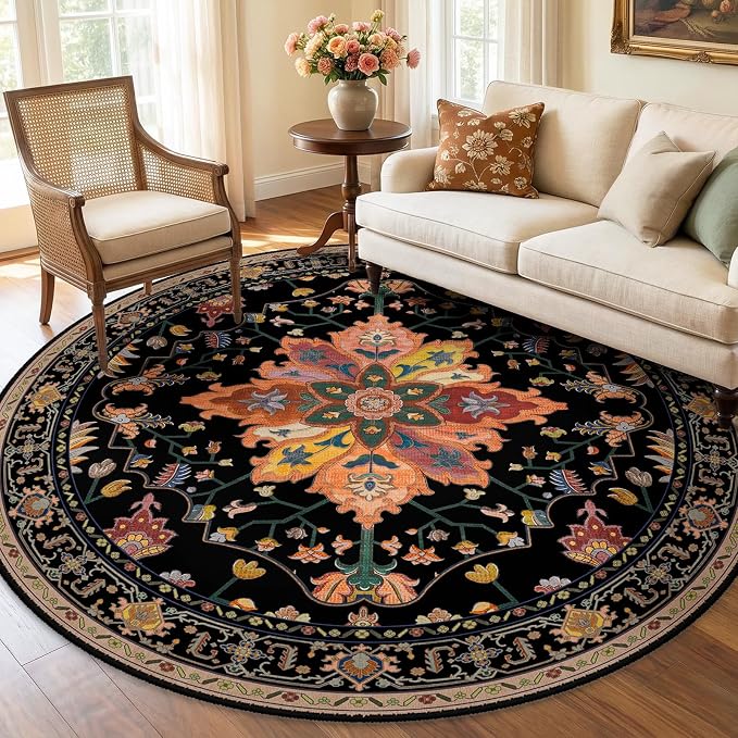 RELEANY Area Rugs Round 6ft Washable Non-Slip, Floral Vintage Distress by RELEANY
