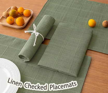 Linen Checked Placemats Set of 4, Sage Green Place Mats 12x18 Inch | Raised - Image 4
