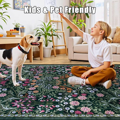 Area Rugs 9x12 Living Room: Floral Washable Rug Vintage Large Soft Boho - Image 7