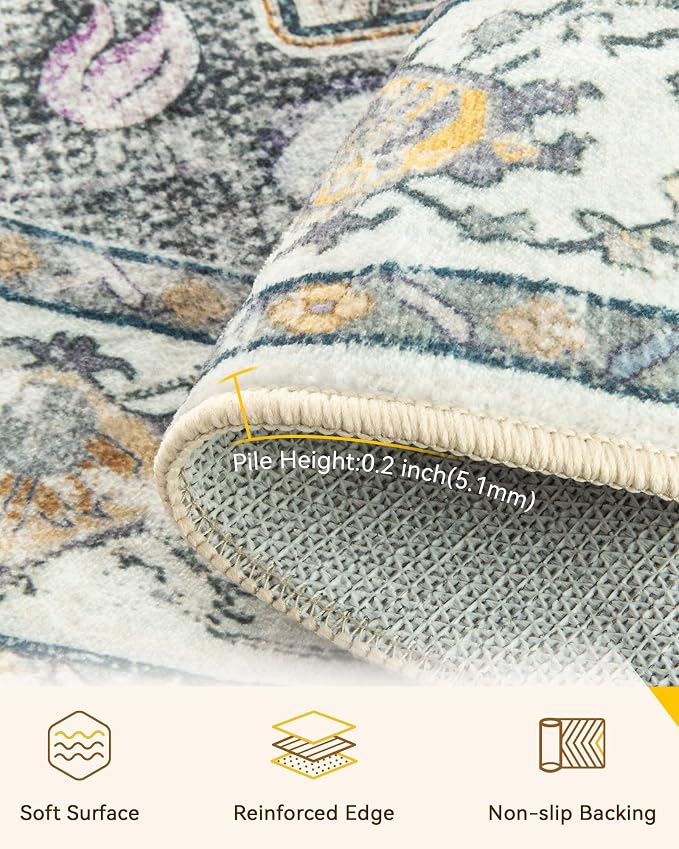RELEANY Area Rugs Round 4ft Washable Non-Slip, Floral Vintage Distress - Image 3