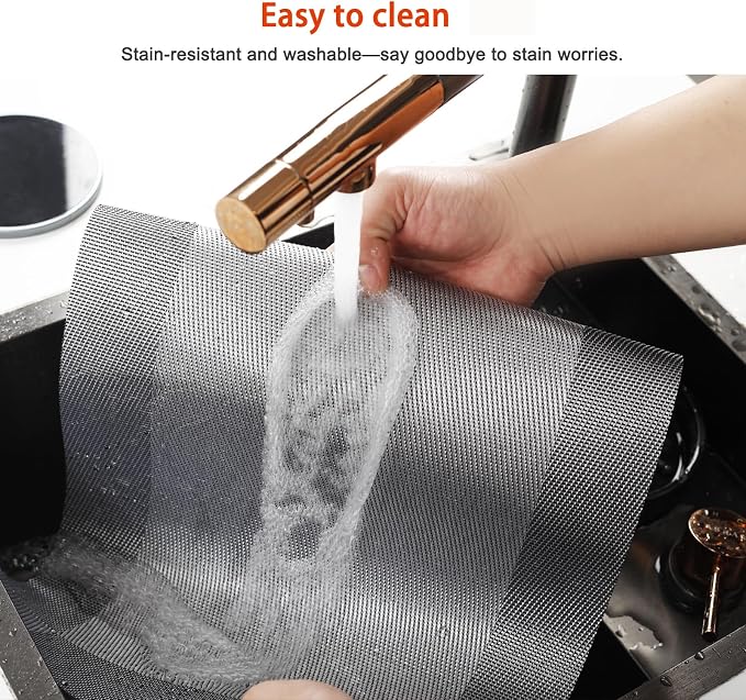 Placemats Set of 12, Vinyl Weave Silver Non Slip Table Mats | Heat Resistant - Image 4