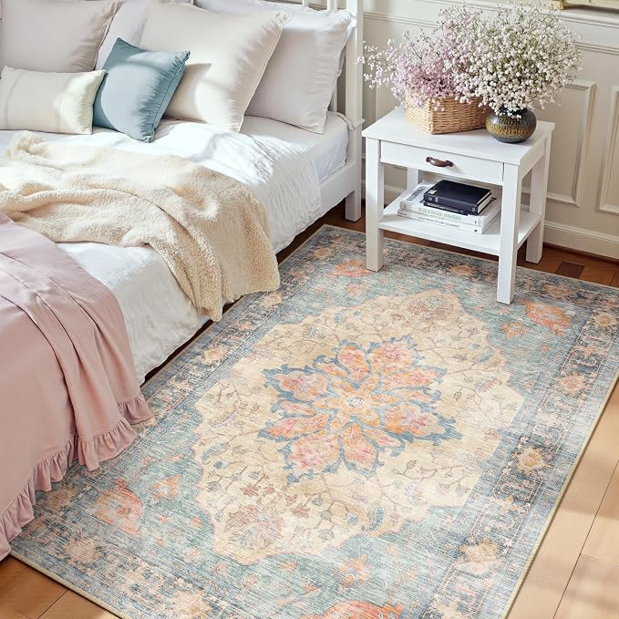 RELEANY Area Rugs 3'x4' Washable Non-Slip, Floral Vintage Distress Medallion by RELEANY