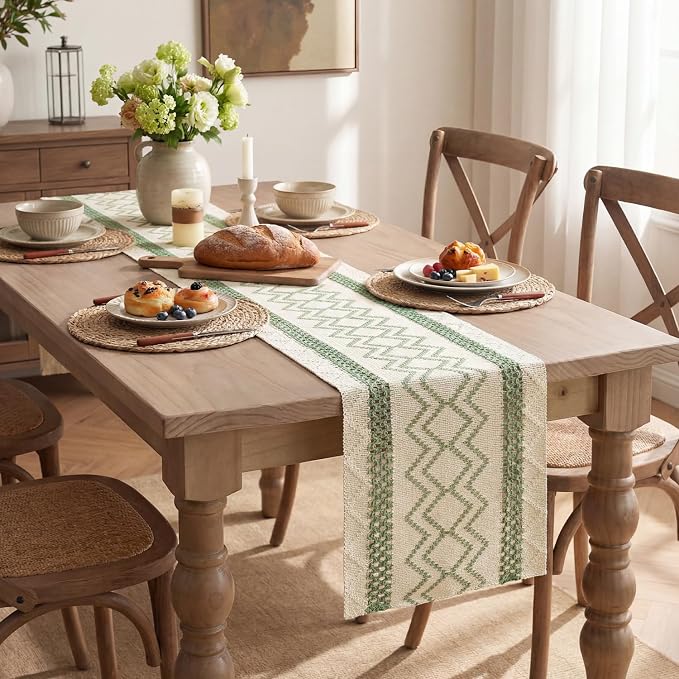 Artoid Mode Sage Green Stripe Diamond Woven Table Runner 12x120 Inch | Holiday - Image 5