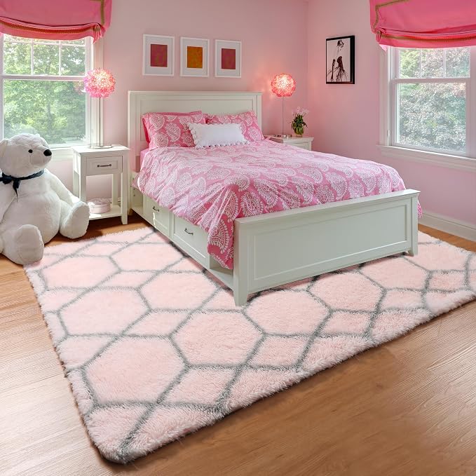 ONASAR 7x9 Area Rugs for Living Room Bedroom, Large Fluffy Pink and Grey Throw - Image 6