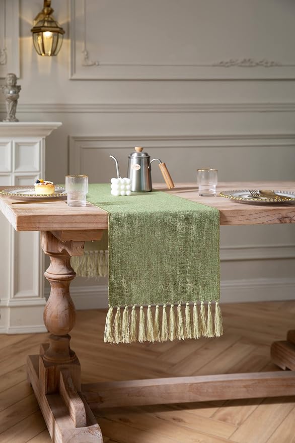 Green Table Runners 48 Inches Long, Burlap Linen Style Rustic Farmhouse Table - Image 3