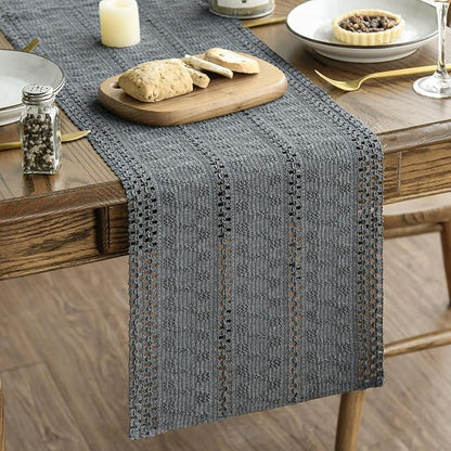 Artoid Mode Dark Grey Woven Farmhouse Hollow Table Runner 12x108 Inch | Holiday - Image 2