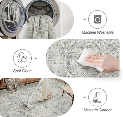 Soalmost 6x9 Area Rug for Living Room Floral Washable Non-Slip Gray Rugs for - Image 4