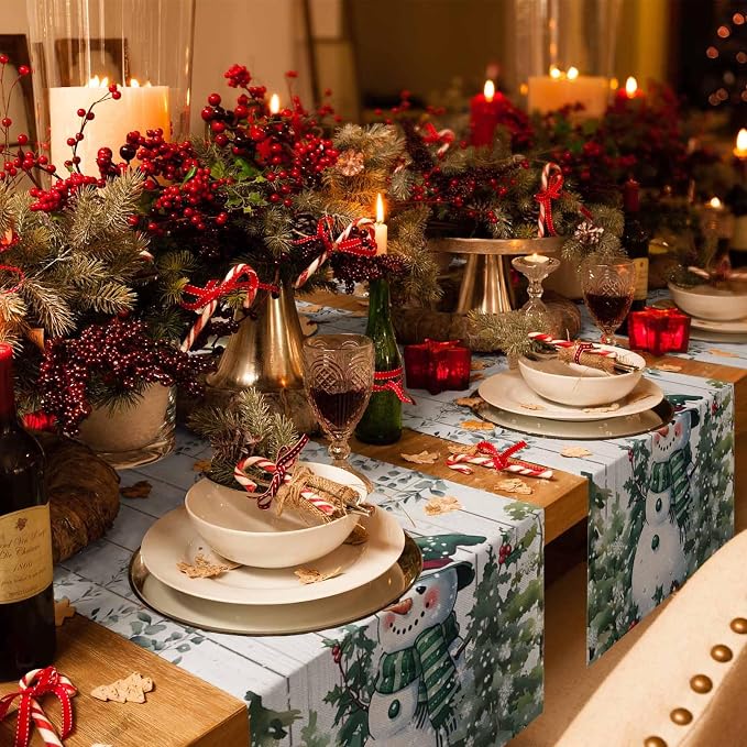 Christmas Snowman Table Runner 60 Inches Long, Xmas Trees Eucalyptus Leaves - Image 6
