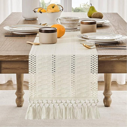 Macrame Style Boho Table Runner, 12x108 Inch Ivory | Woven Boho Table Runner - Image 2