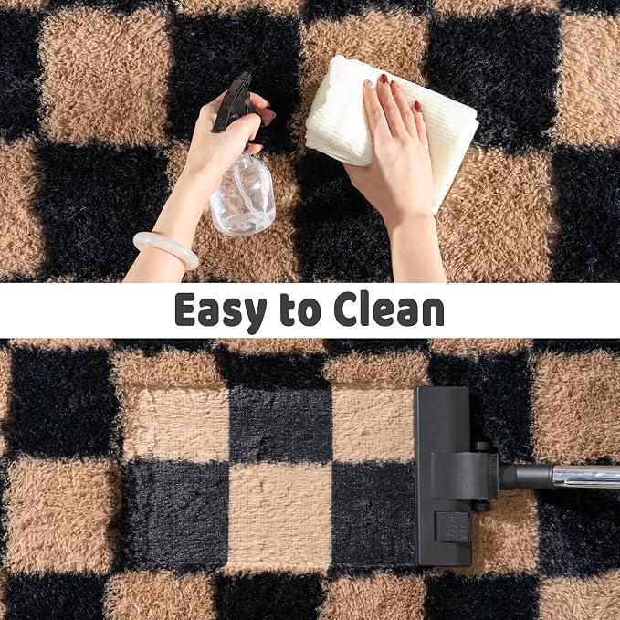 Shag Rugs for Living Room 9x12, Ultra Soft Checkered Black Beige Big Fuzzy Rugs - Image 7
