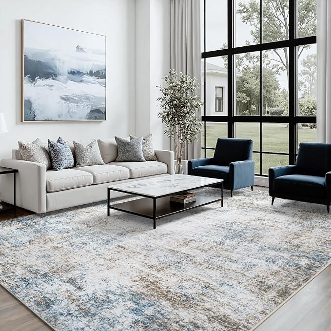Area Rug 5x7 Living Room Rug Washable: No-Slip Abstract Soft Thin Large Brown - Image 3