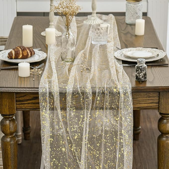 Artoid Mode 3Pcs Beige Gold Gauze Table Runner 120 Inch 10FT, Glitter Metallic - Image 2