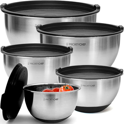 Premium Mixing Bowls With Lids Set, Airtight Lids, Thicker Stainless Steel by PriorityChef