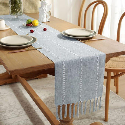 Wracra Rustic Linen Table Runner, Dusty Blue Table Runners 60 inches Long | - Image 2