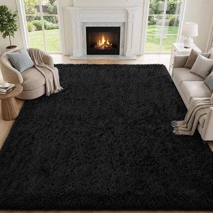 Area Rug for Living Room Bedroom: 9x12 Black Soft Fluffy Shag Upgrade Non-Slip by PLHXFRSoftAreaRugs