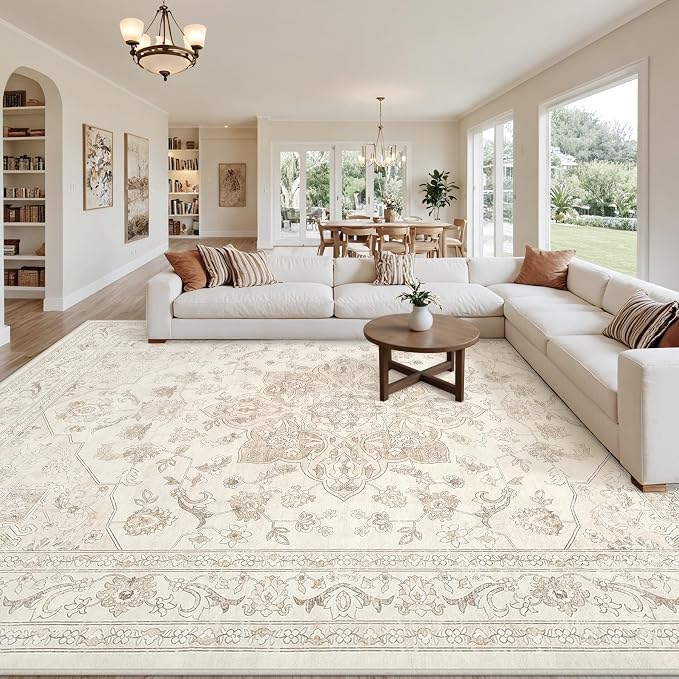 10x14 Area Rug for Living Room: Vintage Boho Neutral Washable Rug Indoor Soft by Luxturiy