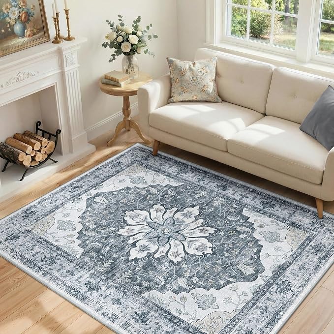 RELEANY Area Rugs 4'x5' Washable Non-Slip, Floral Vintage Distress Medallion by RELEANY