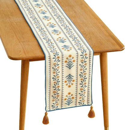 Designer French Linen Table Runner, Pale Yellow Floral Pattern, Dining Table by Isaennehomedecoration