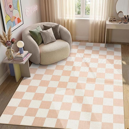 GarveeHome Checkered Blush Beige Neutral Nursery Kids Playroom 3x5 Washable Rug - Image 3