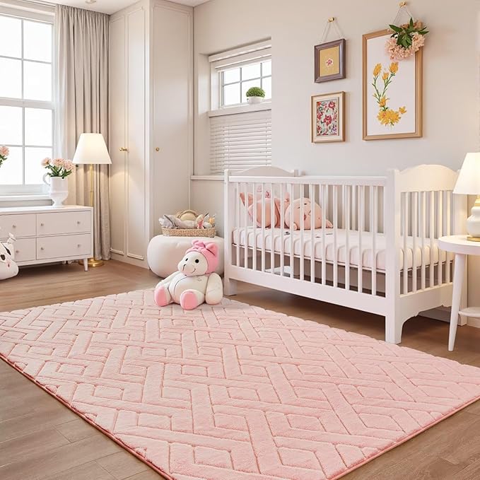 3x5 Pink Washable Area Rug for Girls Bedroom, Modern Geometric Shag Non-Slip - Image 5