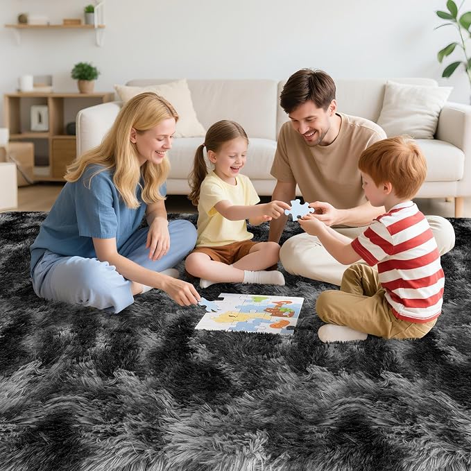 Plush 8x10 Area Rug for Living Room, Tie-Dyed Dark Grey Black 8x10 Shag Rug for - Image 3
