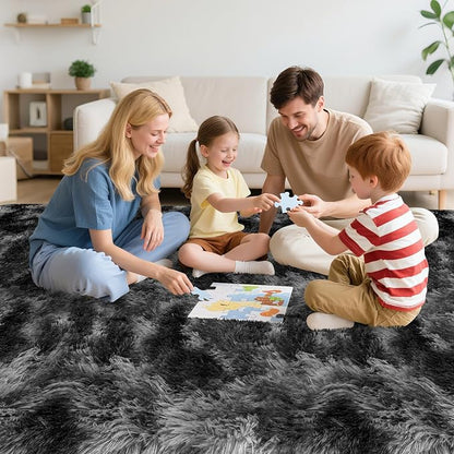 Plush 8x10 Area Rug for Living Room, Tie-Dyed Dark Grey Black 8x10 Shag Rug for - Image 3