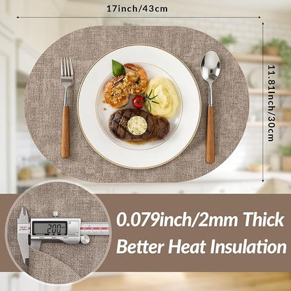 Placemats Set of 6, 11.8 x 17 Inch, Light Brown | Heat Resistant Oval Faux - Image 3
