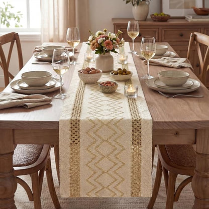 Artoid Mode Burlap Brown Stripe Diamond Woven Table Runner 12x60 Inch | Holiday - Image 2