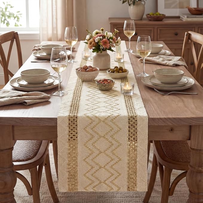 Artoid Mode Burlap Brown Stripe Diamond Woven Table Runner 12x36 Inch | Holiday - Image 2