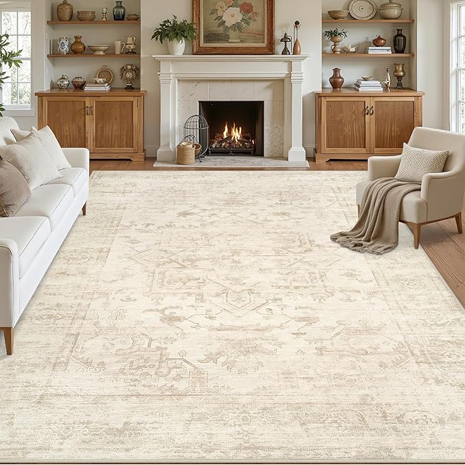 Area Rugs 9x12 Living Room: Vintage Boho Neutral Washable Rug Indoor Soft Large by Luxturiy