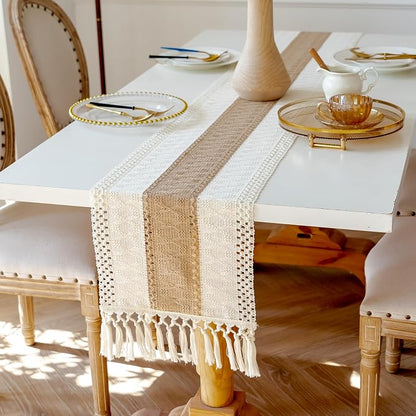 EMMTEEY Boho Table Runner with Tassels 36 Inches Long, Cream Brown | Handmade - Image 4