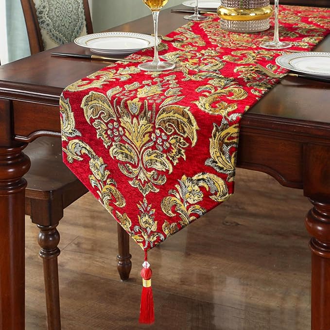 Burgundy Chenille Table Runner 98" Embellished Jacquard by HeMiaor