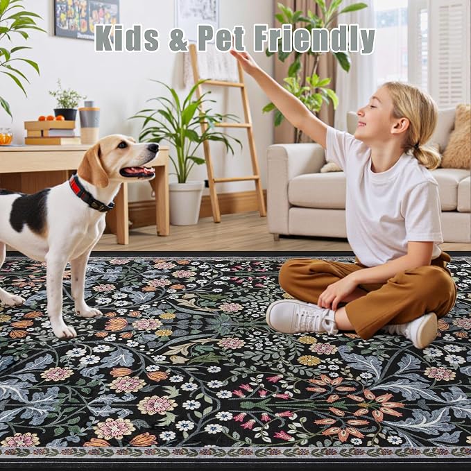 Area Rugs 9x12 Living Room: Floral Washable Rug Vintage Large Soft Boho - Image 7