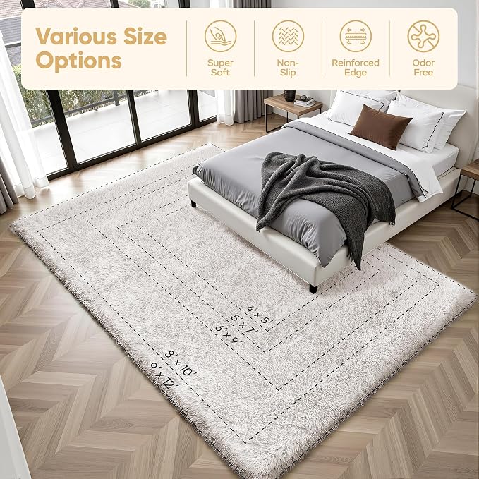 8x10 Area Rugs for Living Room Bedroom: White Soft Fluffy Shag Upgrade Non-Slip - Image 9