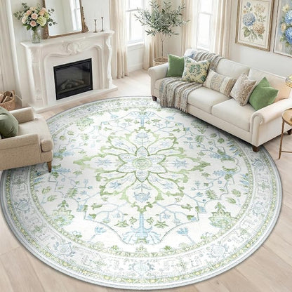 RELEANY Area Rugs Round 8ft Washable Non-Slip, Floral Vintage Distress by RELEANY