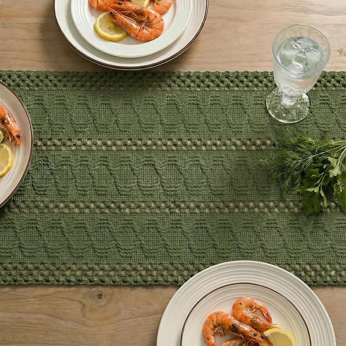 Artoid Mode Army Green Woven Farmhouse Hollow Table Runner 12x72 Inch | Holiday - Image 5